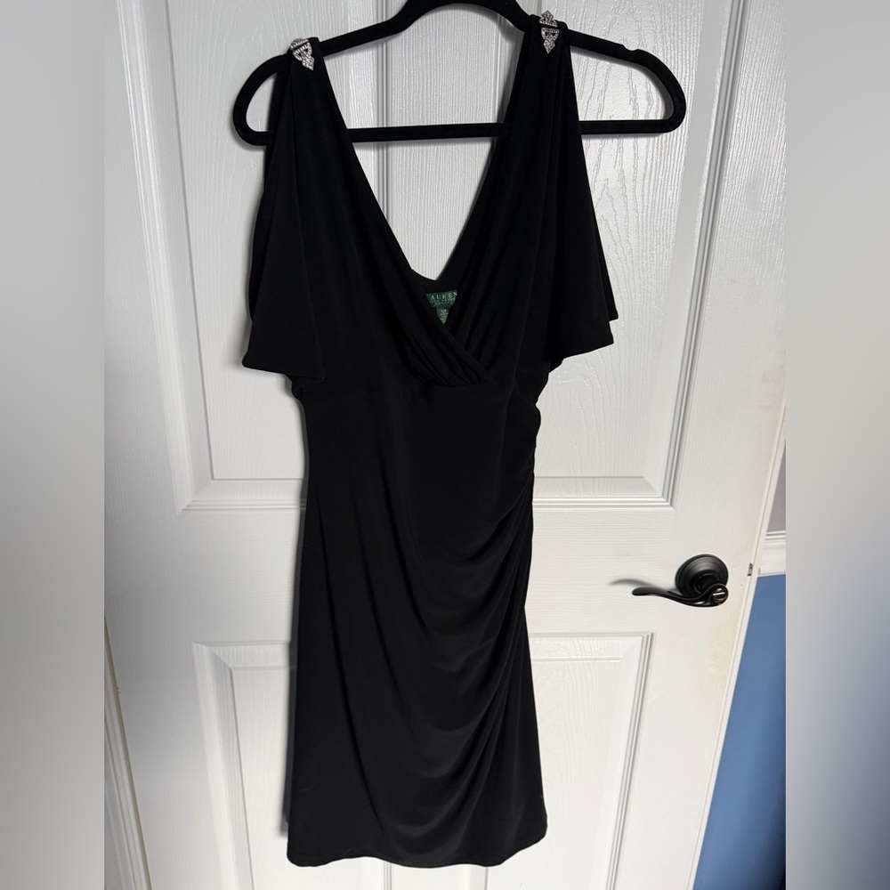 Lauren Ralph Lauren stoned black ruched side open shoulders faux wrap dress 12P